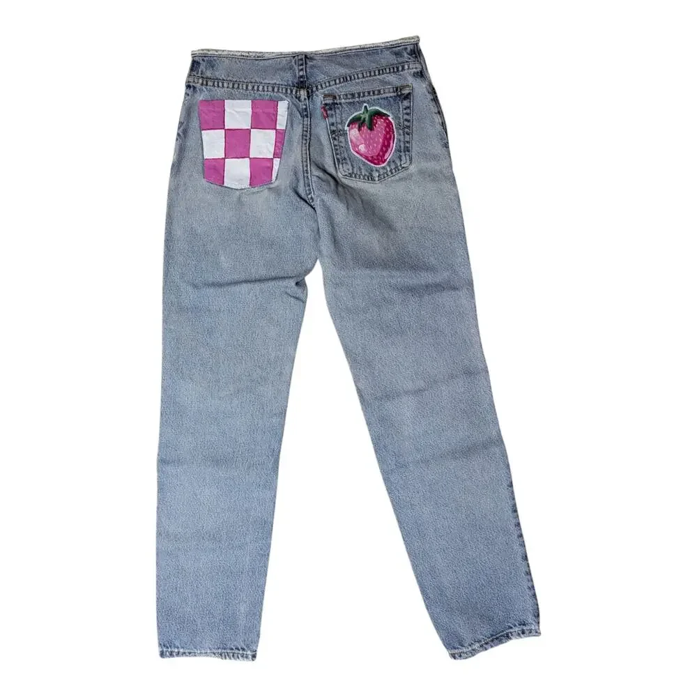 Hand Painted Vintage Levi's 501-Z Straight Leg Strawberry Checkerboard Jeans 28